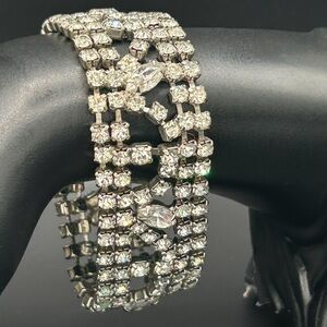 Vintage 1950s Rhinestone Bracelet Wide Silver Tone Sparkling